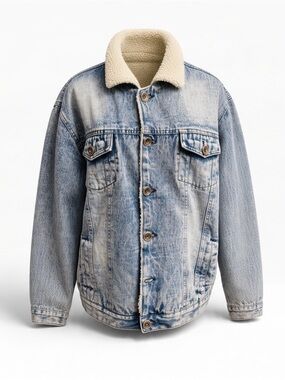 DNM Collection Men’s Sherpa Lined Acid Wash Denim Jacket – Size Large